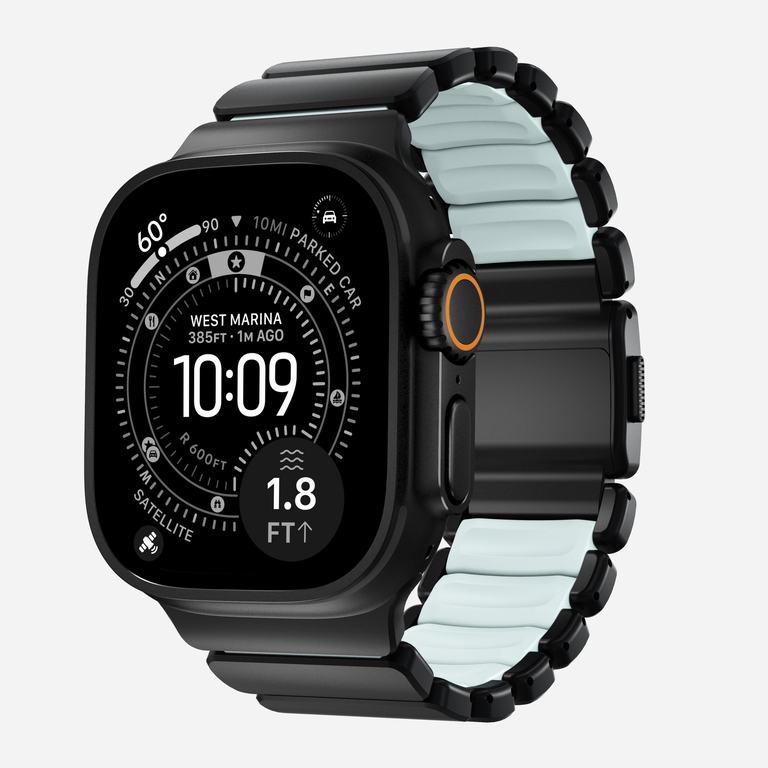 NOMAD Stratos Band Bransoleta Tytanowa do Apple Watch Ultra 3 / Ultra 2 / Ultra 1 (49mm), 11 / 10 (46 mm), 9 / 8 / 7 (45mm) oraz SE 3 / SE 2 / SE / 6 / 5 / 4 (44mm) (Black / Ice Blue Glow)