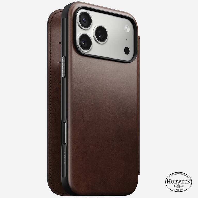 NOMAD Modern Horween Leather Folio Case Etui Skórzane do iPhone 17 Pro Max, Kompatybilne z MagSafe (Rustic Brown)