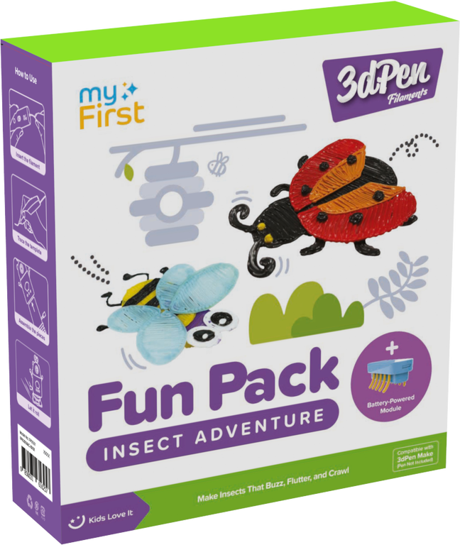 myFirst 3dPen Make Filaments Fun Pack Zestaw Kreatywny do Długopisu 3dPen, Zawiera 5 Szablonów, 13 Wkładów PCL (26m), Ruchoma Baza na Baterię oraz Arkusz Termoplastyczny (Insect Adventure)