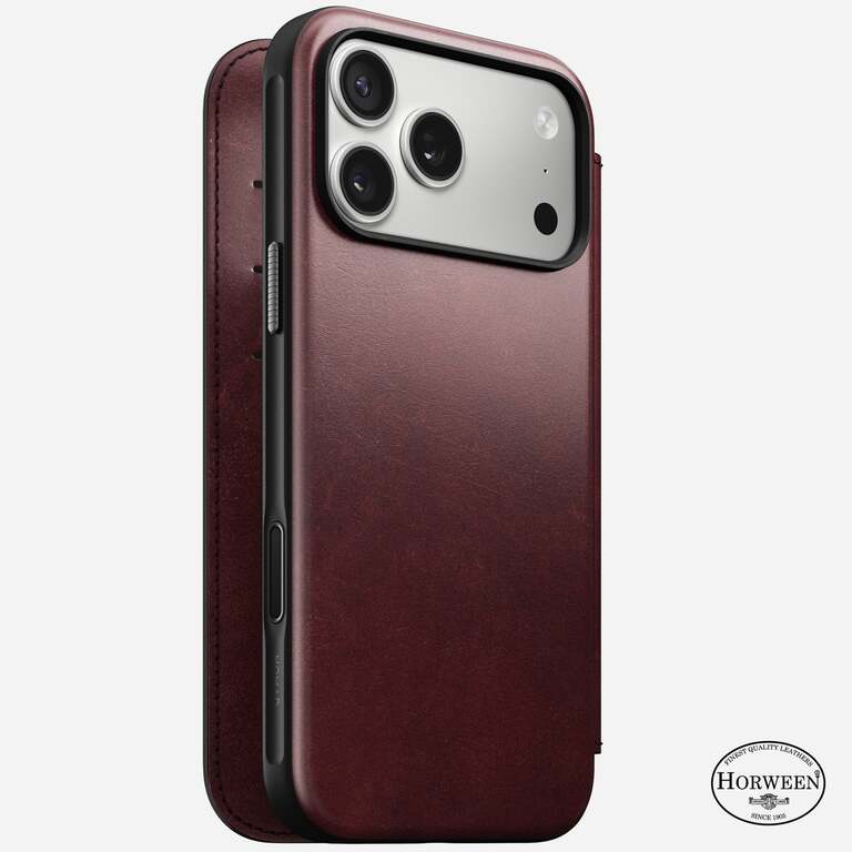 NOMAD Modern Horween Leather Folio Case Etui Skórzane do iPhone 17 Pro Max, Kompatybilne z MagSafe (Burgundy Chromexcel)