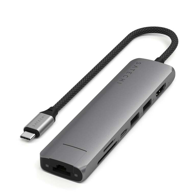 Satechi 7-in-1 Slim Multiport Adapter Hub Przejściówka USB-C na USB-C PD, 2x USB-A, HDMI 4K, Ethernet, Czytnik Kart Micro/SD (Space Gray)