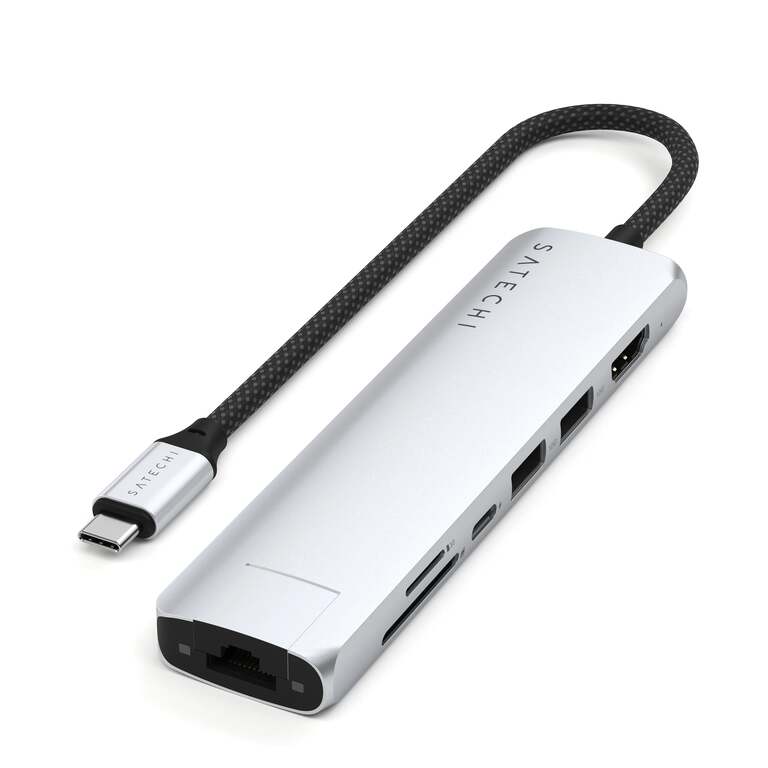 Satechi 7-in-1 Slim Multiport Adapter Hub Przejściówka USB-C na USB-C PD, 2x USB-A, HDMI 4K, Ethernet, Czytnik Kart Micro/SD (Silver)